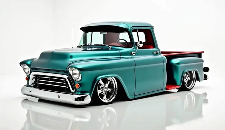 A beautifully restored and customized vintage GMC pickup truck, showcasing a sleek metallic teal finish with a modernized design. The vehicle features aggressive, low-profile tires on multi-spoke chrome rims, a lowered suspension, and aerodynamic enhanceme...