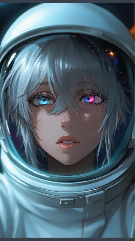 ( close up of a better masterpiece:1.5)0.9], (Space and astronauts:1.2) ( Messy silver hair :1.1) (Heterochromia xanthochromia and blue eyes:1.2) (space helmet:1.0) ( Colored stars in the eyes:1.0) (A radiant glow:1.1) ( thick lips:0.9)