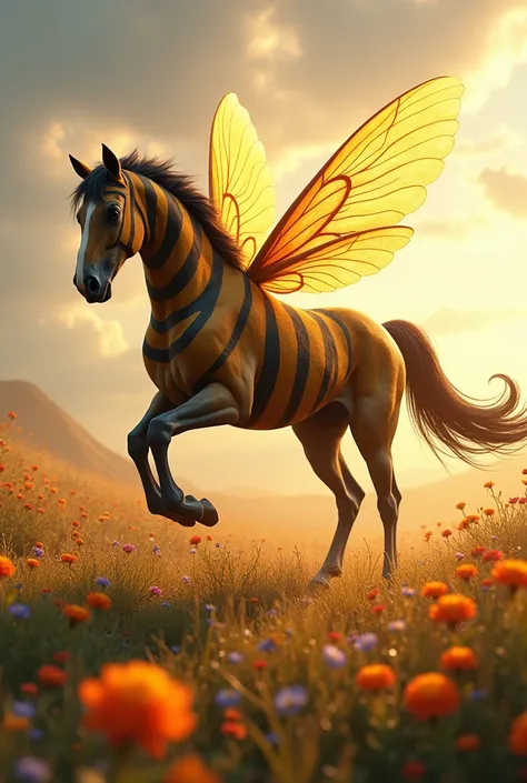 A horse with bee wings anda striped body, flying above a vastflower field undera golden sunset.
