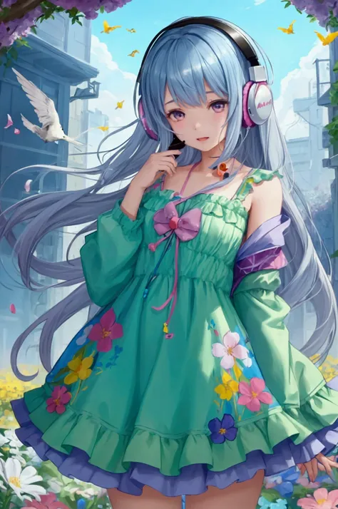 A girl with headphones on gets intoxicated by a song, little birds and flowers dance around her head, anime-style illustrations, bright colors, half-length images, and the best picture quality.