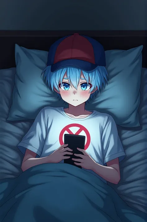 Adult anime boy with light blue hair ,  wearing a red and blue cap ,  with prohibition symbol on the white shirt,  lying on his bed and looking at his phone  