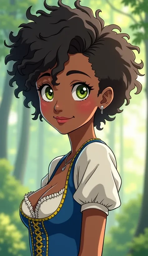   woman, afro hair, short hair, curly hair, strong body, light green eyes,  smile , Dirndl dress white, blue and yellow, bengal, blind, on the florest [[[  high quality ]]][[[ tall details ]]] Ultra HD,   High resolution , anime style, mouth closed, lookin...