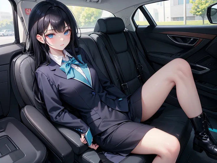 High school students ， already, Black Hair ， With warm blue eyes ， Wore a brand new blue suit and black boots， Pure white collar and bright green bow 。 has long Black Hair and warm blue eyes ， Lean back in the car seat ， Pose Alluring , spread legs , lower...