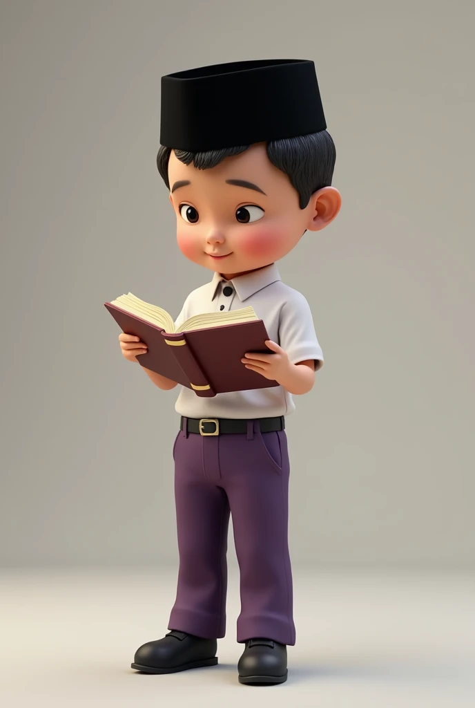 Malay boy  must wearing  black songkok, white shirt short sleeve, purple trousers with black  shoes while reading a book, no hair shown, hair inside songkok, no hair at forehead, tuck in shirt