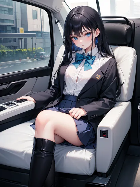 High school students ， already, Black Hair ， With warm blue eyes ， Wore a brand new blue suit and black boots， Pure white collar and bright green bow 。 has long Black Hair and warm blue eyes ， Lean back in the car seat ， Pose Alluring , spread legs , lower...