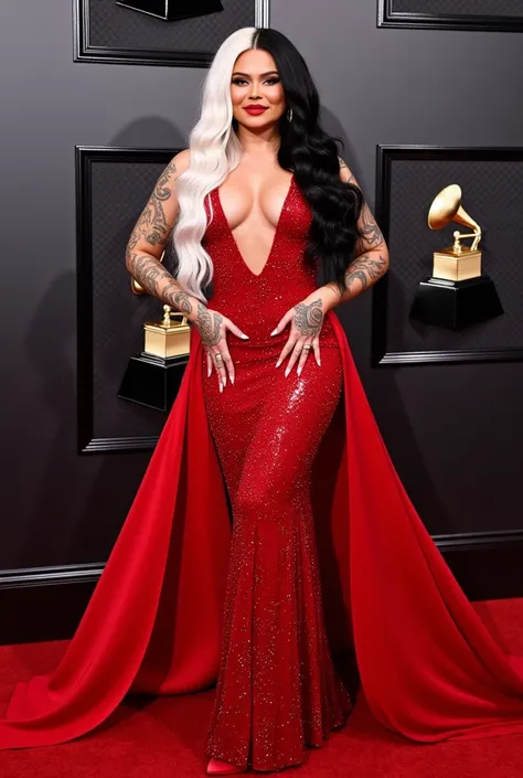 At the grammys, long sparkling low cut red dress, red high heels, long black and white hair, tattoo sleeves, red lipstick