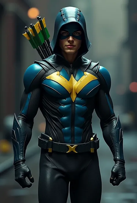 Green Arrow in a black and blue suit with gold accents