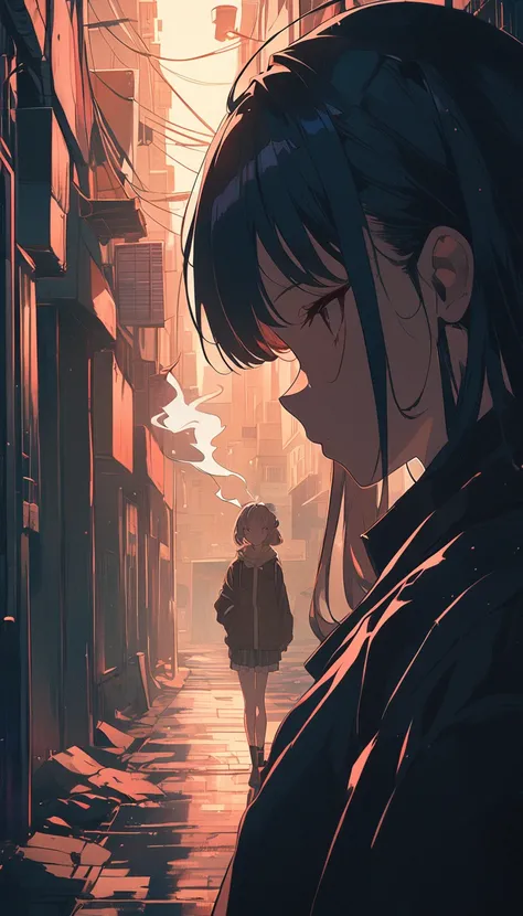 Anime girl smoking cigarette in alley with buildings in background, Anime vibes, Anime.  soft lighting ,  Lofi Girl , Anime asthetic, Anime aesthetic,  lo-fi art style , profile of Anime girl, Anime lighting, Anime picture, Anime wallaper, Anime lover, Ani...