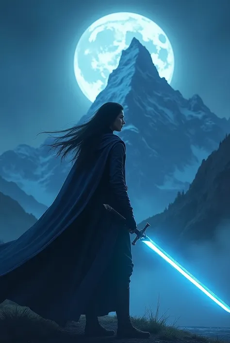 A young man,  holding a sword under the moon ,  using a cape , Her hair is long,  His sword emitted a blue aura , his sword pointed downwards ,  holding a sword with his right hand ,  suspenseful scene ,  in front of him a mountain with fog,  behind a gian...