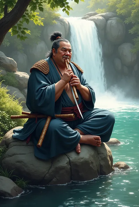 adult yasuo with a big belly, dressed in a samurai outfit playing the flute, carrying two swords on his waist, sitting on a rock next to a stream with a waterfall