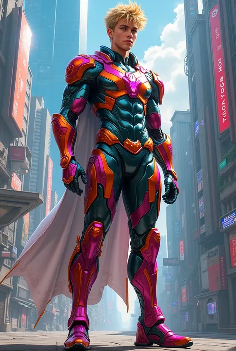 Best Quality,masterpiece,Future City,Macho,Prince-like blonde teen,Smart and cool handsome guy,Form-fitting metallic armor in vibrant rainbow colors,accurate,Realism,Full body view