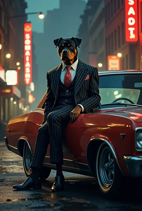 Creat a image of rottweiler dog gangster in the old school car, in new york city 