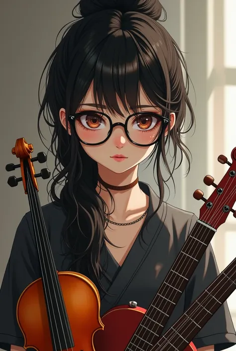 A girl without bangs, with long hair and black glasses playing violin with dark long low bun hair with moustache who playing a electronic guitar 