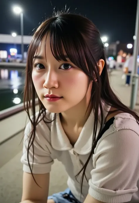  software , 
outside, 
(Port Tower, Kaiyo Museum ), reflection, [City lights,  from behind ], 
 waterfront,  stainless steel round bar deck, 
 1 Japanese girl , short bob cut, Wide Set Eye , Pale skin,  shyly , , , Open the mouse a little, 
 Extreme Closeu...