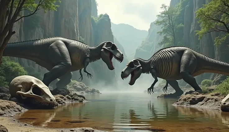 create a great prehistoric environment two gigantic dinosaurs fighting in a small puddle of water, skeletons and giant fossils of animal skeletons and four elongated skulls of alien skulls in the arena cinematic environment