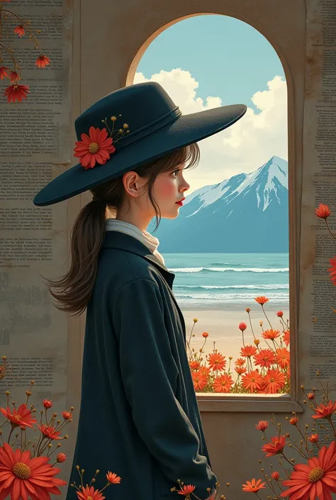  CG animated wallpaper ， mood composition ，René Gruau ，John Singer Sargent， bright detail ， A girl in the distance 。 ， Cute kitty off-axis photography  ， A girl in a black coat and hat ， Carved out old newspaper collage {x} showing the strong light of the ...