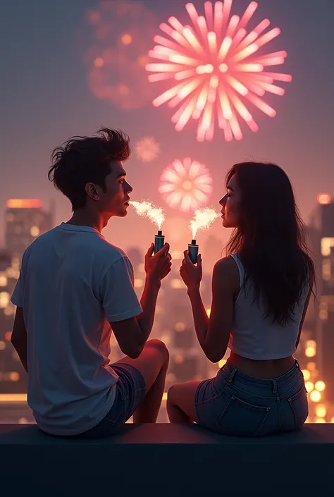 Male and female friends vaping at roof top and watching fireworks aesthetic 