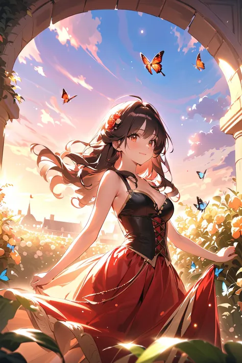 1 girl, (cute face), (long wavy hair:1.2), (amber eyes), medium breasts, slim, (wearing a layered tulle skirt), (elegant corset top), BREAK  
Enchanted garden, blooming flowers, (fluttering butterflies:1.2), (dancing among flowers:1.2), soft sunlight, outd...