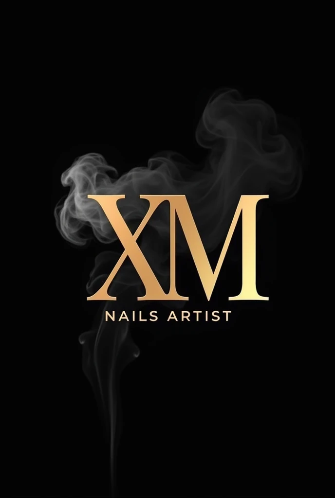 I want to create a typical logo with the letters XM large in gold color with the name Ximena Mattos cursive letter of the front of the large letters that give off gray smoke and below that says nails artist capital letter and the background that is black