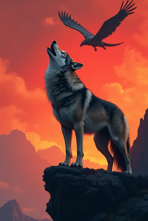 
A wolf howling atop a cliff asa pterodactyl soars in the crimson skybehind it.