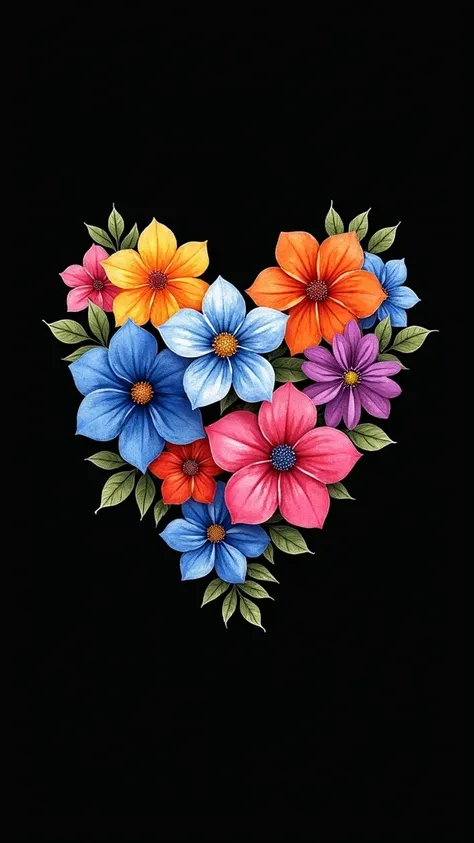 A heart-shaped arrangement of vibrant flowers in a colorful, abstract style.  The flowers are depicted in a variety of colors, including blues, pinks, oranges, reds, and yellows.  Each flower is rendered with detailed line work and textured watercolor wash...