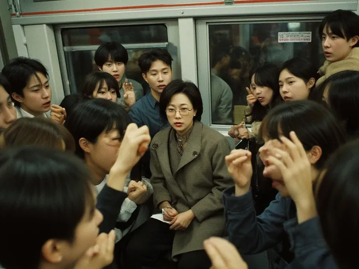 ((masterpiece))、 (( top quality ))、 Aggressive Atmosphere 、Japan、Train Nonaka 、Full seat 、 middle-aged woman wearing glasses is sitting、Surrounding people are yelling at women 