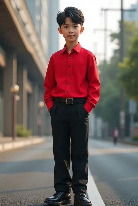 (photorealism:1.2), handsome and cute tall asian boy in red shirt, black pant with belt and in black shoes standing on road ultrarealistic