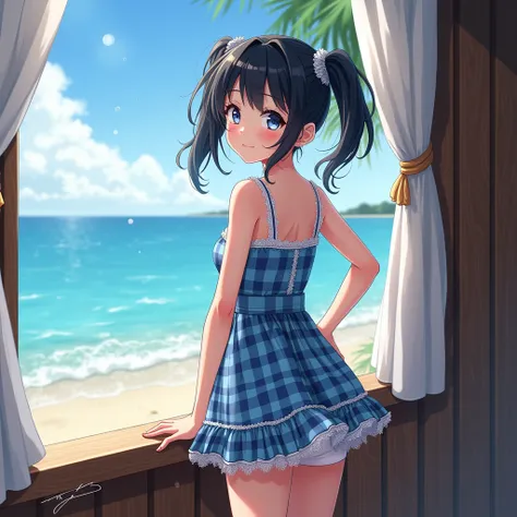 anime girl (best quality, masterpiece), high resolution, ultra detailed, extremely detailed, 32K resolution, maximum details, beautiful 18 year old girl standing near a window, (small blue plaid summer dress (short, above thighs) with detailed ruffles), sl...