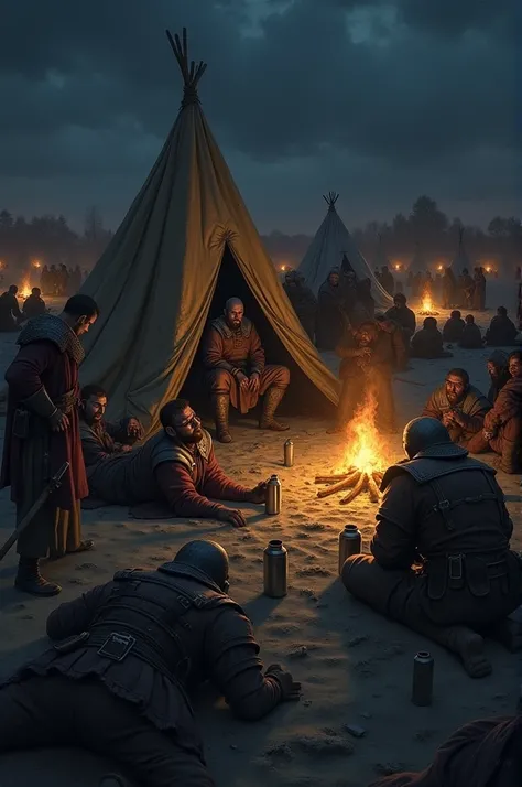 The Crusader camp at night, illuminated by small fires. Soldiers lie on the ground, exhausted and dehydrated. Some attempt to drink from empty flasks, while others argue in frustration. Guy of Lusignan sits in his tent, looking worried and disheveled. The ...