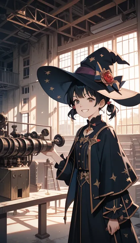  High Definition , masterpiece, accurate, 最 High Quality ,  High Quality ,  very detailed,  Ultra Fine,  black hair,  black hair,  short twin tails,  smiles, Grin,  witch hat , anime, anime風,  One girl ,  Dark Fantasy、Abandoned Factory