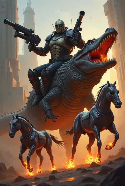 Viktor from League of Legend riding a burning crocodile while carrying firearms convincing metal horses of the future