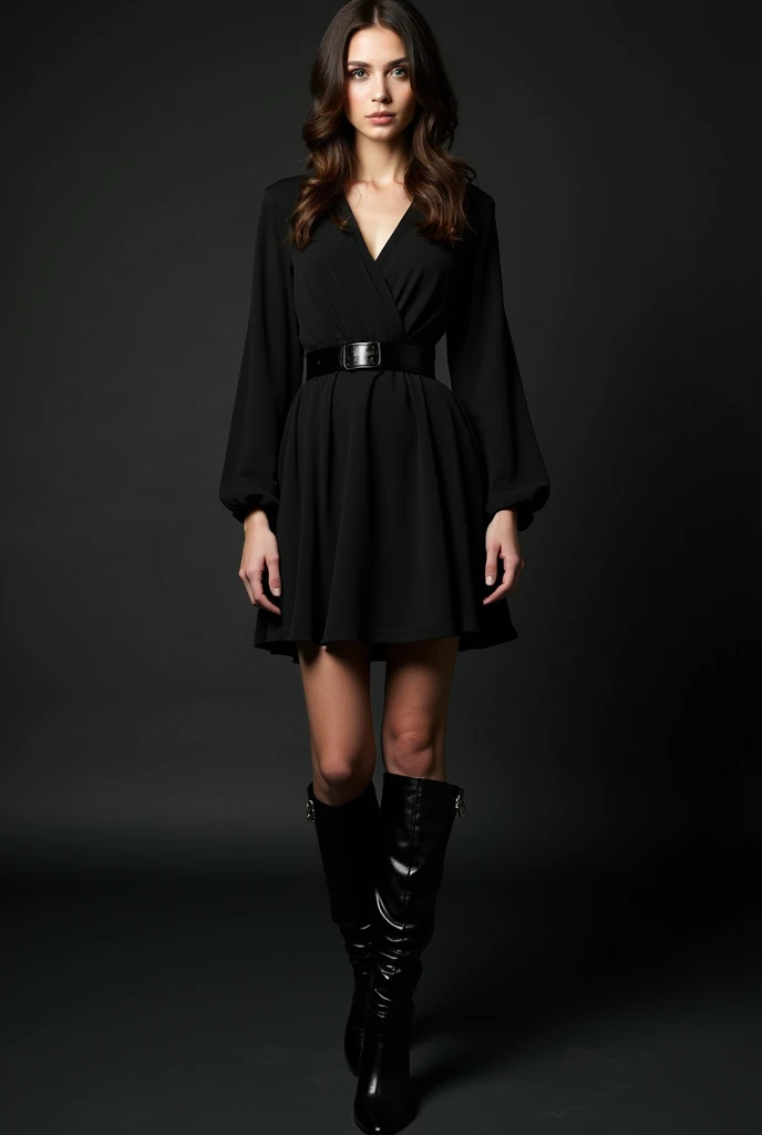 a black dress with long sleeves and black boots