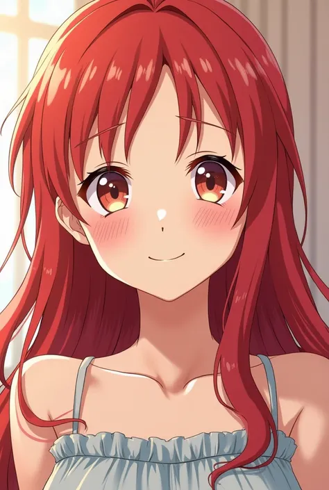 Anime girl with red hair smiling kindly