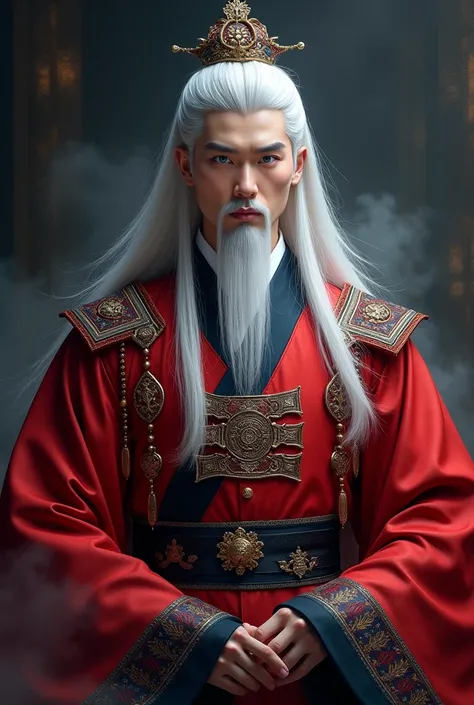 A Korean man wearing a red prince costume with black from medieval times and a small crown on his head with white hair and violet eyes. artistic drawing. Dark effect.