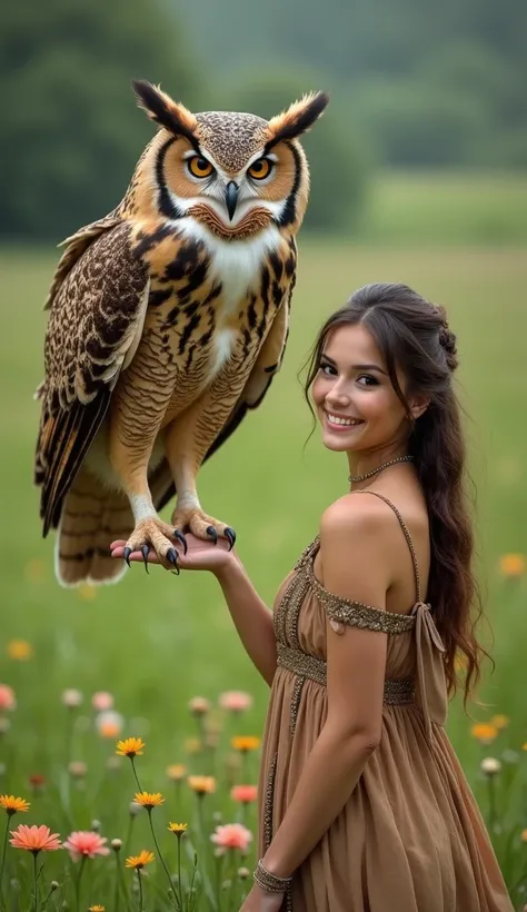 A giant owl as big as an adult perched on the hand of a beautiful woman who looked at the camera with a smile in a green meadow