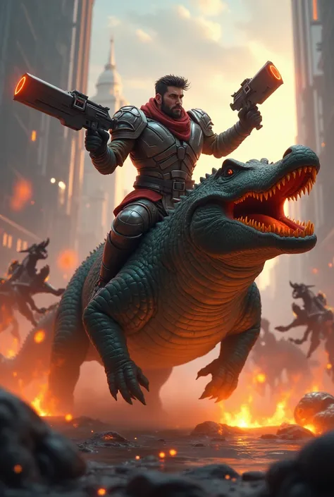 Garen from the video game League of Legends riding a burning crocodile while carrying firearms fighting against metal horses from the future
