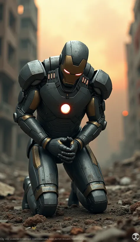 "A hyper-realistic depiction of Iron Man kneeling on one knee, his advanced metallic suit appearing battle-worn with scratches, dents, and fading paint. He is shown with his hands clasped tightly together, as if pleading for help, his head slightly bowed. ...