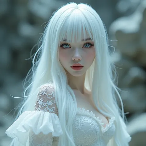 White Hair, White women, White Eyes,  white lace dress , (( top quality )), ((masterpiece)), (  Details),  cyberpunk, Mecha, ((  Japanese girl )),  surreal, Art Nouveau, Im using ,  animated inspirations, Mysterious,  Big Breasts ,  clevis on a stone,  unr...