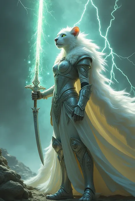 An albino warrior with emerald eyes wearing silver armor and an albino lion skin as a cape and she would be using a sword made of lightning and drops of crystals 