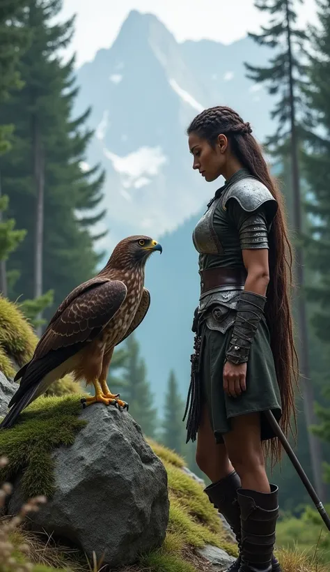 A fierce warrior woman stands face-to-face with a majestic falcon in the heart of an alpine forest. The woman has long, braided hair, wears intricately detailed leather armor with silver accents, and holds a spear resting on the ground. Her expression is a...