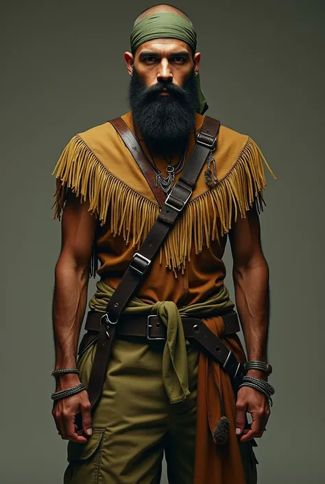  Make me a man about 30 years old Latin American with a full beard and bald with a green military band tied around his head and a tunic with golden fringes like Native Americans up to his feet with military cargo pants, thin and strong defined  
