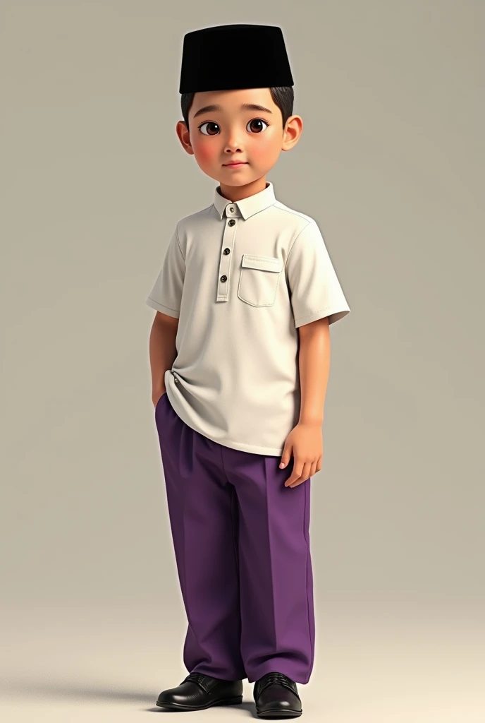 Malay boy  must wearing  black songkok, white shirt short sleeve, purple trousers with black  shoes, no hair shown, hair inside songkok, no hair at forehead, tuck in shirt. ((No hair))