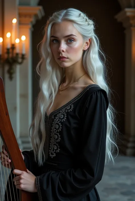 A regal young woman in her early 20s, with long, flowing silver hair styled elegantly, stands in a dimly lit royal hall. Her striking blue eyes convey a mix of strength and quiet vulnerability. A faint scar runs along her left cheek, adding character to he...