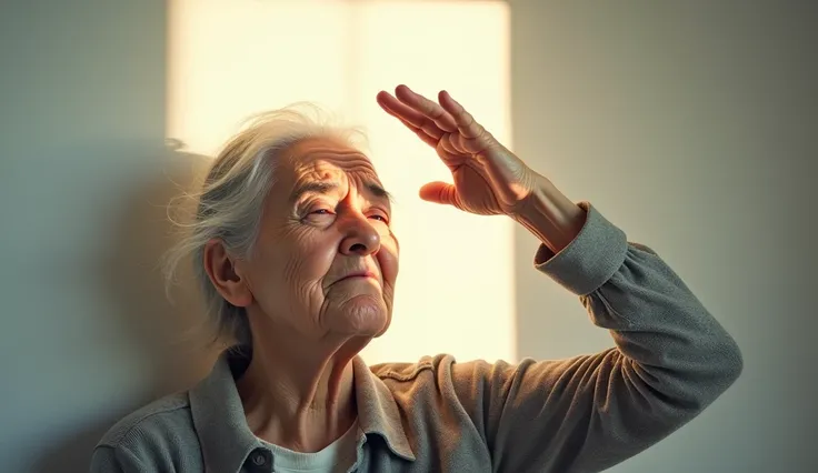 Elderly woman protecting her eyes from strong light,  representing difficulty dealing with bright light.