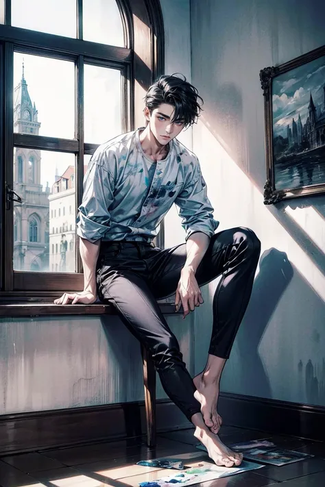 Wide shot view, painting, oil painting, 8K resolution, high detail, around 20 years old, (one male:1.5), black hair, slightly longer at the ends, somewhat straight, simple outfit:1.5, (white shirt:1.5, white shirt splattered with colorful ink:0.5), (black ...