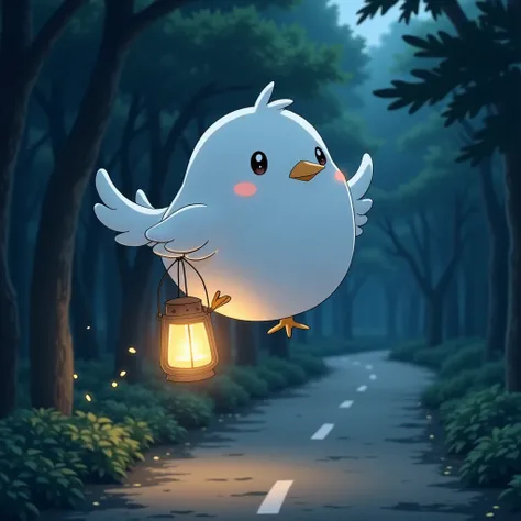 Masterpiece,Best quality, Anime style, pure white sparrow mascot, round body, fluffy body, simple face, cute appearance, Flying, holding a lantern with both feet, in the forest, on a night road,