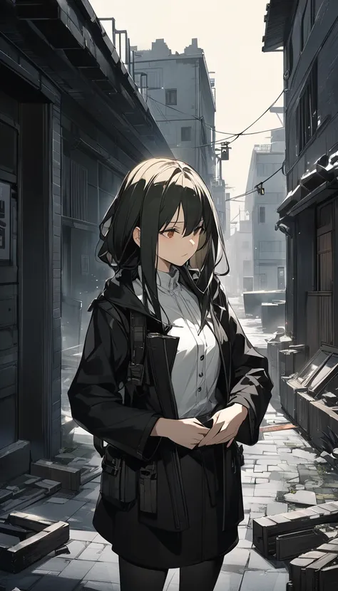 Anime girl wearing a black jacket and white shirt、Standing in front of a building, from   girls frontline ,  Details.   girls frontline ,   girls frontline  style, Anya from Spy Family,   girls frontline  cg, noir moody scene,   girls frontline  universe, ...