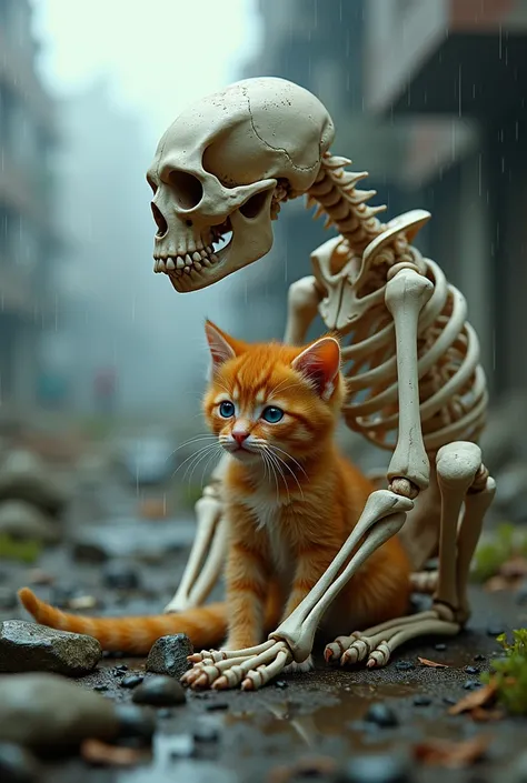 “A hyper-realistic post-apocalyptic scene in high definition. In the center, the skeleton of a mother cat is curled protectively around a small orange kitten with soft, fluffy fur. The mother’s skeleton is not facing the viewer, but rather looking outwards...