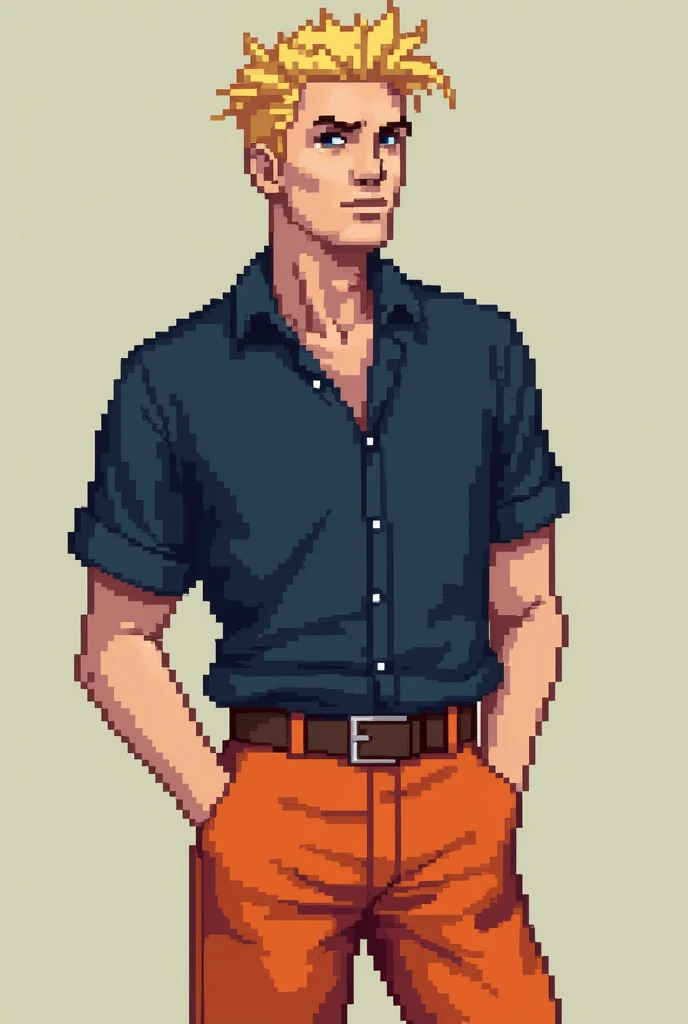 A pixel art of a man with blond hair, very light skin, dark blue shirt and orange pants with an image size of 64 pixels high 