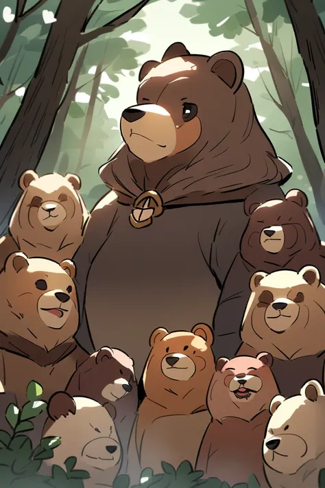 Eight medium bears, a female bear ,  in a forest 